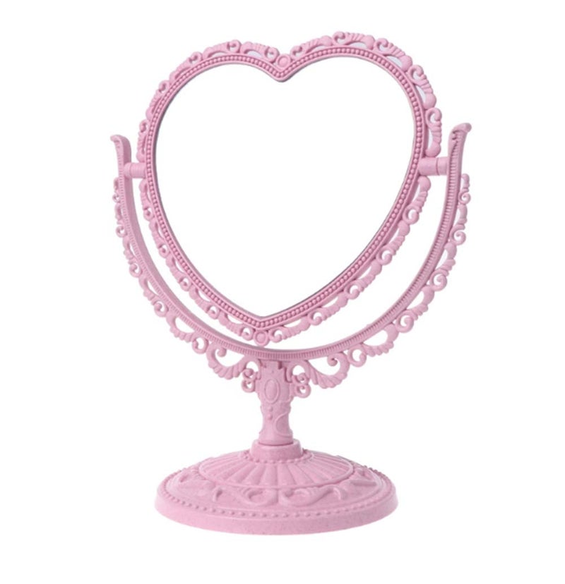 AKOAK Heart-Shaped Cosmetic Mirror - Plastic, Double-Sided, Rotatable, Lightweight - Bathroom & Bedroom Mirror (Pink) - Image 1
