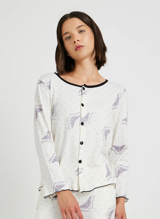 تايك تو Butterfly Print Long Sleeve Shirt, Cami and Straight Pyjama Set