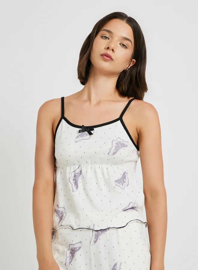 Take Two Butterfly Print Long Sleeve Shirt, Cami and Straight Pyjama Set