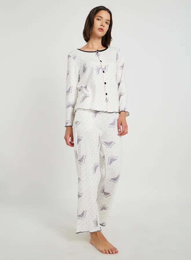 تايك تو Butterfly Print Long Sleeve Shirt, Cami and Straight Pyjama Set