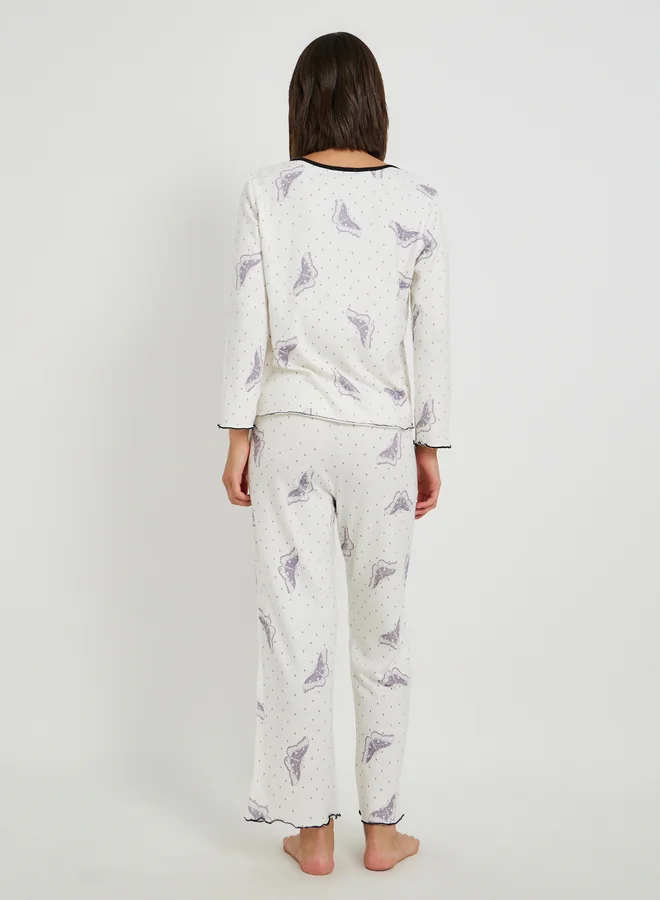 Take Two Butterfly Print Long Sleeve Shirt, Cami and Straight Pyjama Set