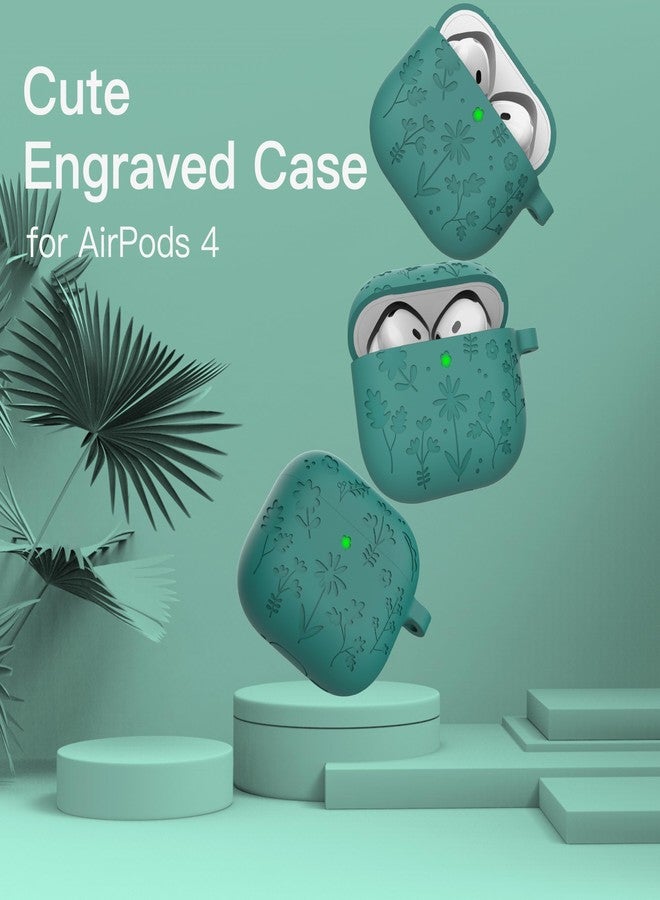 DamonLight Flora Engraved Case for AirPods 4 Cover Shock-Proof Protective Silicone Case with Keychain for Apple Airpods 4th Generation 2024 Released (Forest Green) - Image 2