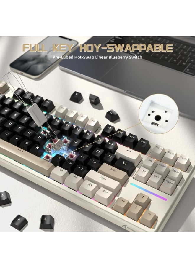 ATTACK SHARK X87 Wireless Mechanical Keyboard, Tri Mode-BT/2.4G/Wired, Hot-swappable Linear Switch, 87 Keys PBT Keycap, Gasket Structure, Rechargable RGB Backlit Gaming Keyboard(White)