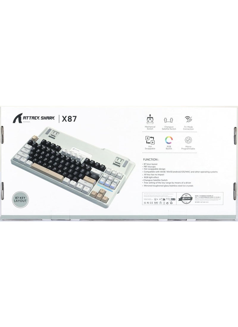 ATTACK SHARK X87 Wireless Mechanical Keyboard, Tri Mode-BT/2.4G/Wired, Hot-swappable Linear Switch, 87 Keys PBT Keycap, Gasket Structure, Rechargable RGB Backlit Gaming Keyboard(White)