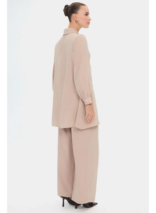 JUNE June WomenBalloon Sleeve Shirt Trouser Set Beige
