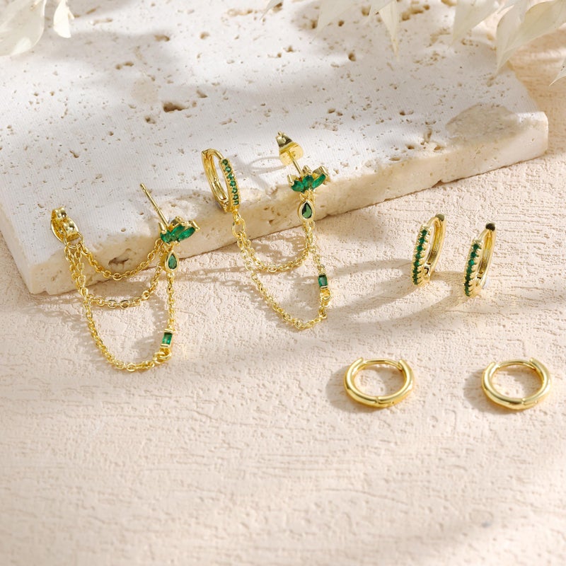ShineRose 6PCS Earring Stacks Cartilage Chain Helix Piercing Sets For Women Flat Back Multiple Piercing Dangle Huggie Hoop Stackable Jewelry (Green, Gold-Flat back) - Image 3