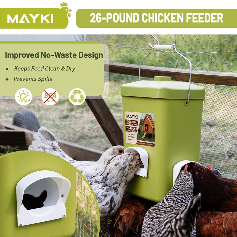 MAYKI Chicken Feeder and Waterer Set, 3 Gallon/26 LB No Waste Poultry Feeding System with Hanging Option, Automatic Coop Accessories for 10 Hens, Upgraded Feeder Port Water Cup, BPA-Free Winter Design - Image 5