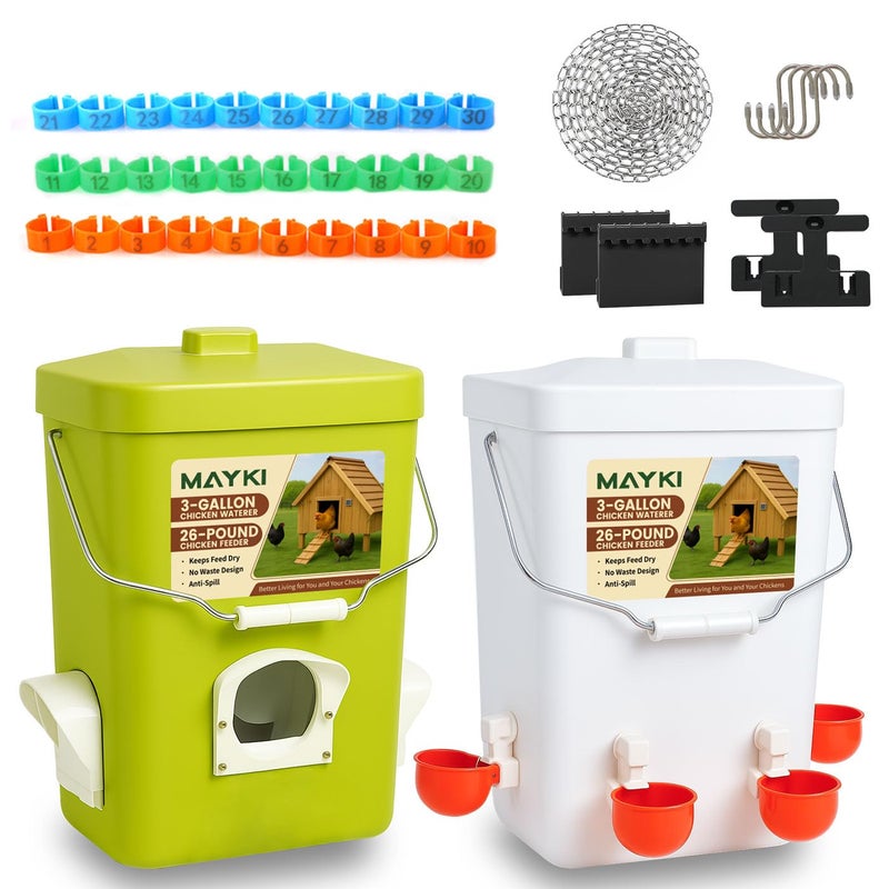 MAYKI Chicken Feeder and Waterer Set, 3 Gallon/26 LB No Waste Poultry Feeding System with Hanging Option, Automatic Coop Accessories for 10 Hens, Upgraded Feeder Port Water Cup, BPA-Free Winter Design - Image 1