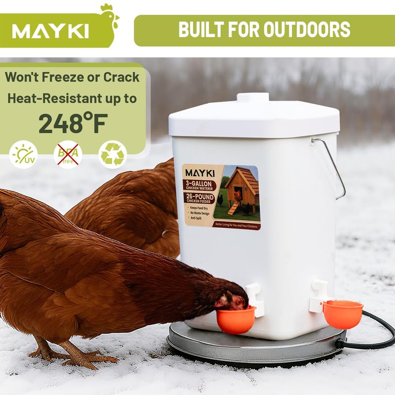 MAYKI Chicken Feeder and Waterer Set, 3 Gallon/26 LB No Waste Poultry Feeding System with Hanging Option, Automatic Coop Accessories for 10 Hens, Upgraded Feeder Port Water Cup, BPA-Free Winter Design - Image 3