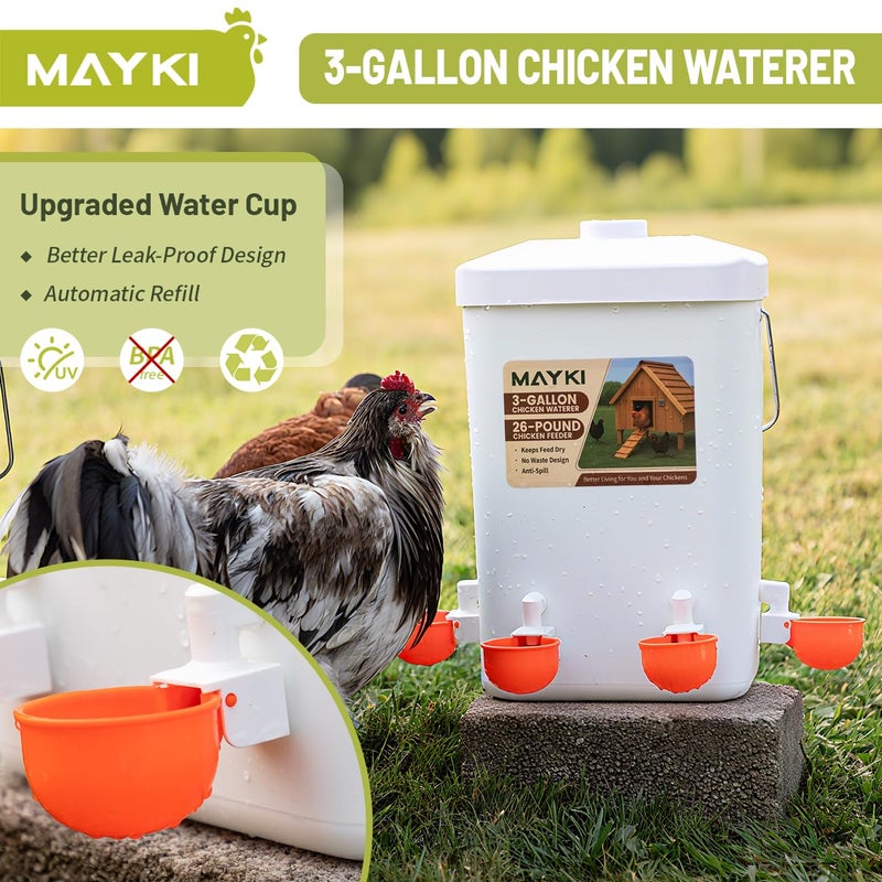 MAYKI Chicken Feeder and Waterer Set, 3 Gallon/26 LB No Waste Poultry Feeding System with Hanging Option, Automatic Coop Accessories for 10 Hens, Upgraded Feeder Port Water Cup, BPA-Free Winter Design - Image 4