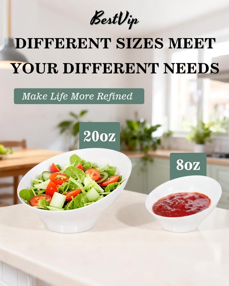BESTVIP 12 Pack 20oz Angled Disposable Serving Bowls - White Plastic Serving Bowls for Party, Party Bowls for Chips, Snacks, Fruit, Salad - Bowls for Parties, Daily Use,Halloween, Christmas - Image 2