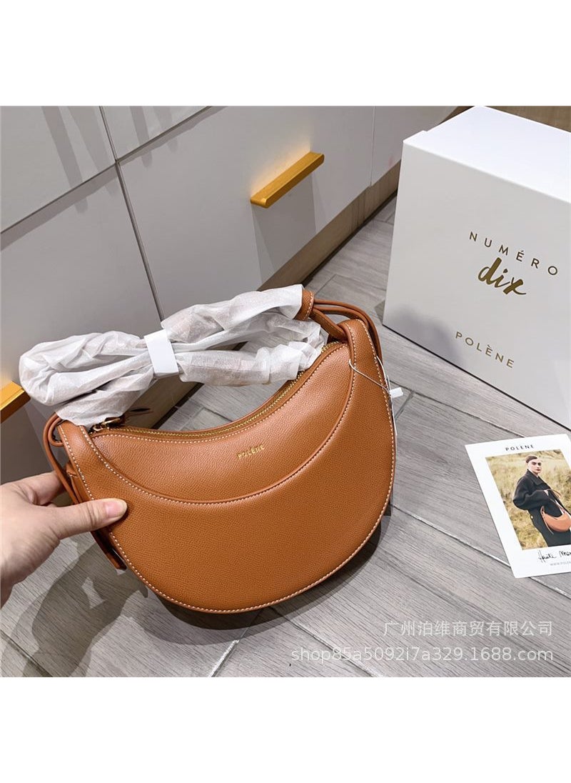 Generic Polene Paris Genuine Leather Crescent Saddle Crossbody Bag Camel lychee pattern 