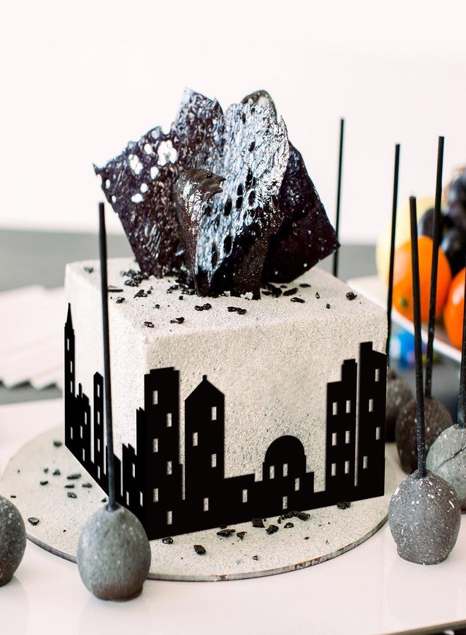 Atiloy 6Pcs City Cake Border Decoration Black City Building Birthday Cake Decoration Toppers Stick On or Lay On Toppers Birthday Decor Accessories for Party Lighted City Backdrop - Image 2
