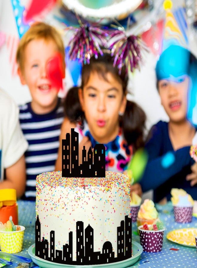 Atiloy 6Pcs City Cake Border Decoration Black City Building Birthday Cake Decoration Toppers Stick On or Lay On Toppers Birthday Decor Accessories for Party Lighted City Backdrop - Image 5