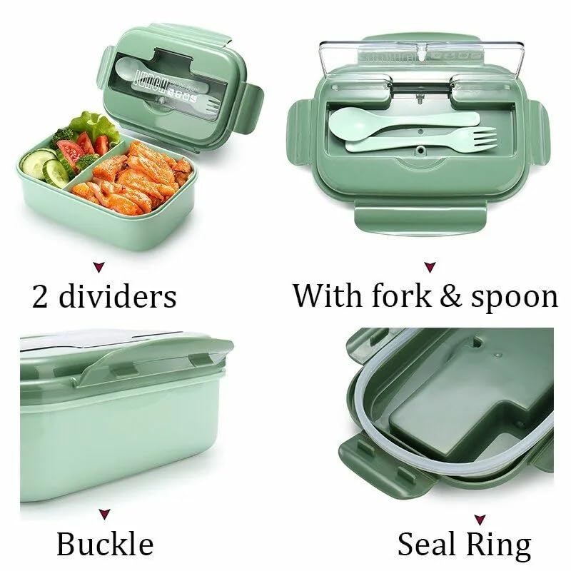 CherryBox Bento Lunch Box 1100ml Reusable Divided Container with 2 Compartments Leakproof Bento Boxes with Cutlery for Kids and Adults for School, Work and Travel (Green) - Image 2