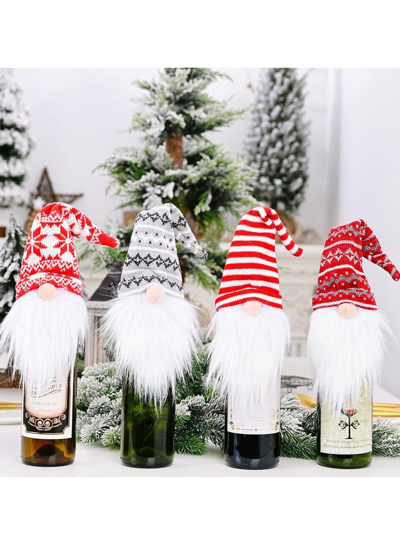 AUTOYSUR أغطية زجاجات النبيذ لجنوم عيد الميلاد، 4 قطع مصنوعة يدويًا من تومتي الاسكندنافية بدون وجه، أغطية زجاجات نبيذ من القماش الناعم لتزيين طاولة العشاء في العطلات، هدية للحفلات - Image 1