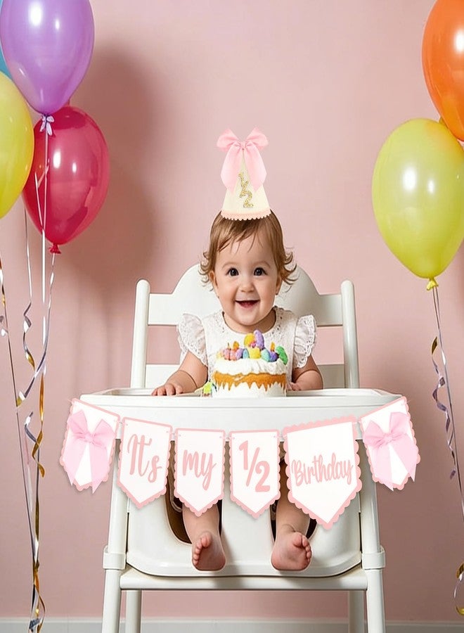 SuPoo 1/2 Birthday Banner and Princess Cone Hat Half Birthday Party Crown Pink Bow Half Way to One Baby Girl Birthday Decorations 6 Month High Chair Banner Tiara Outfit Photo Prop Cake Smash Gifts - Image 3