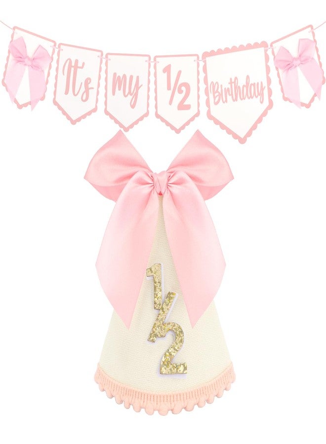 SuPoo 1/2 Birthday Banner and Princess Cone Hat Half Birthday Party Crown Pink Bow Half Way to One Baby Girl Birthday Decorations 6 Month High Chair Banner Tiara Outfit Photo Prop Cake Smash Gifts - Image 1
