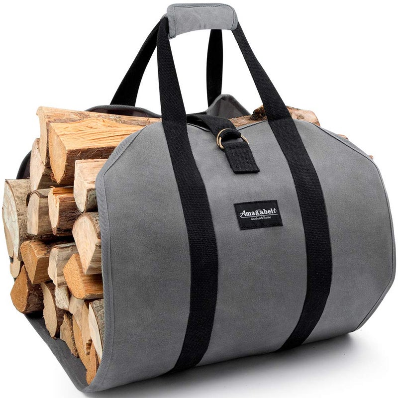 AMAGABELI GARDEN & HOME Amagabeli Firewood Carrier Tote Waxed Canvas Log Tote Carrying Bag Wood Carrier Bag with Handles Security Strap for Camping Indoor Firewood Logs Tote Log Holder Birchwood Stand Gray BG291