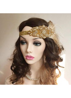 Sooll 1920S Feather Headband Gold Vintage Crystal Flapper Headpiece Gatsby Headdress Prom Head Accessories For Women And Girls
