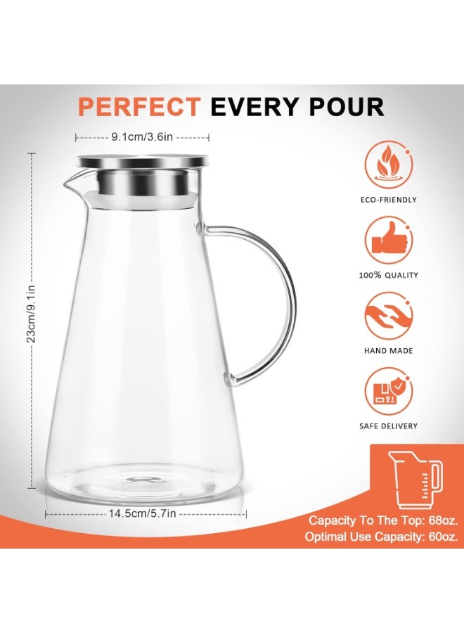2.0 Liter 68oz Glass Pitcher with Lid, Easy Clean Heat Resistant Glass Water Carafe with Handle for Hot/Cold Beverages - Water, Cold Brew, Iced Tea & Juice, 1 Free Long-Handled Brush Included - Image 2
