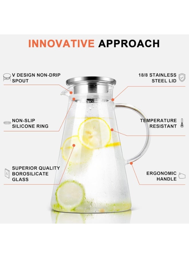 2.0 Liter 68oz Glass Pitcher with Lid, Easy Clean Heat Resistant Glass Water Carafe with Handle for Hot/Cold Beverages - Water, Cold Brew, Iced Tea & Juice, 1 Free Long-Handled Brush Included - Image 1
