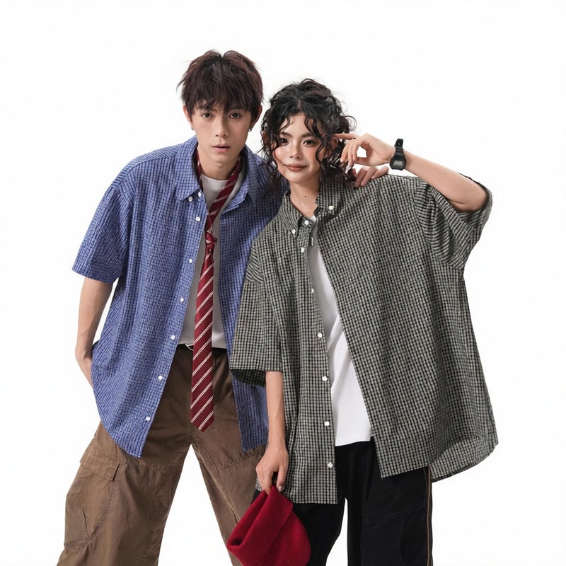 Men's Women's Plaid Short Sleeve Shirt Casual Cotton Open Front Couple Jacket - Image 3