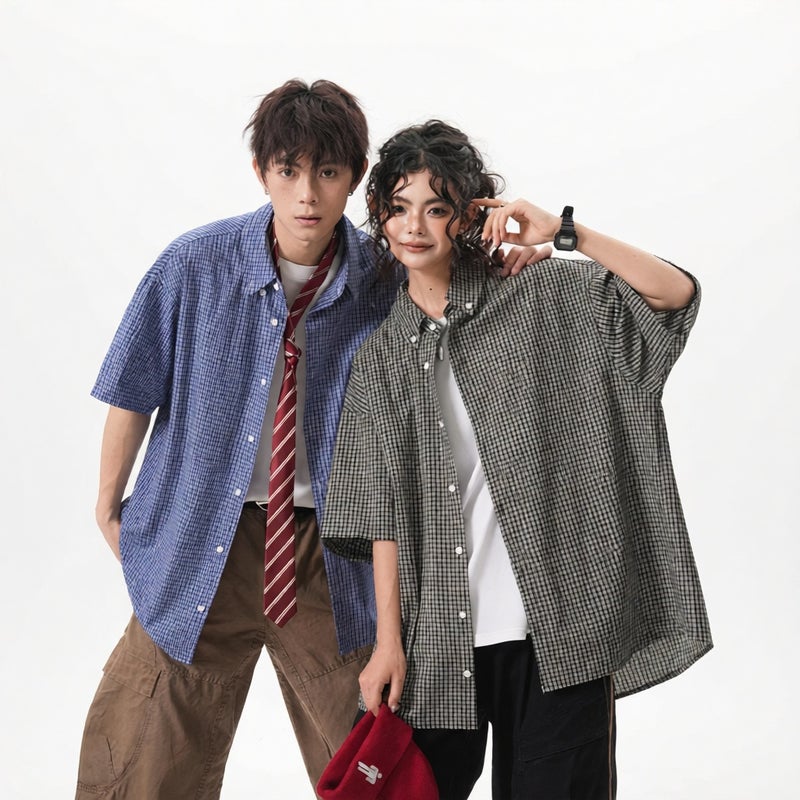Men's Women's Plaid Short Sleeve Shirt Casual Cotton Open Front Couple Jacket - Image 2