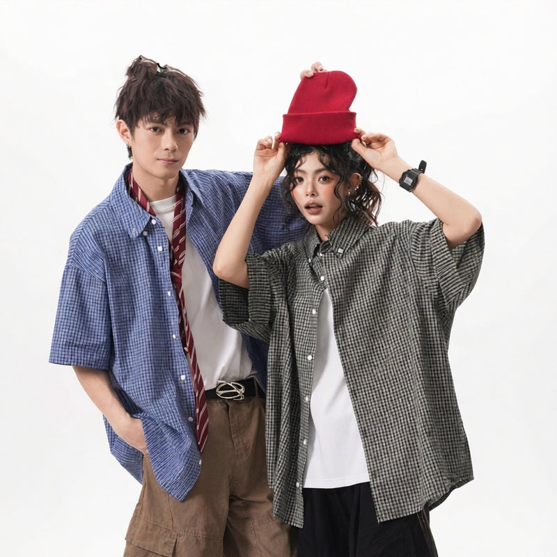 Men's Women's Plaid Short Sleeve Shirt Casual Cotton Open Front Couple Jacket - Image 1