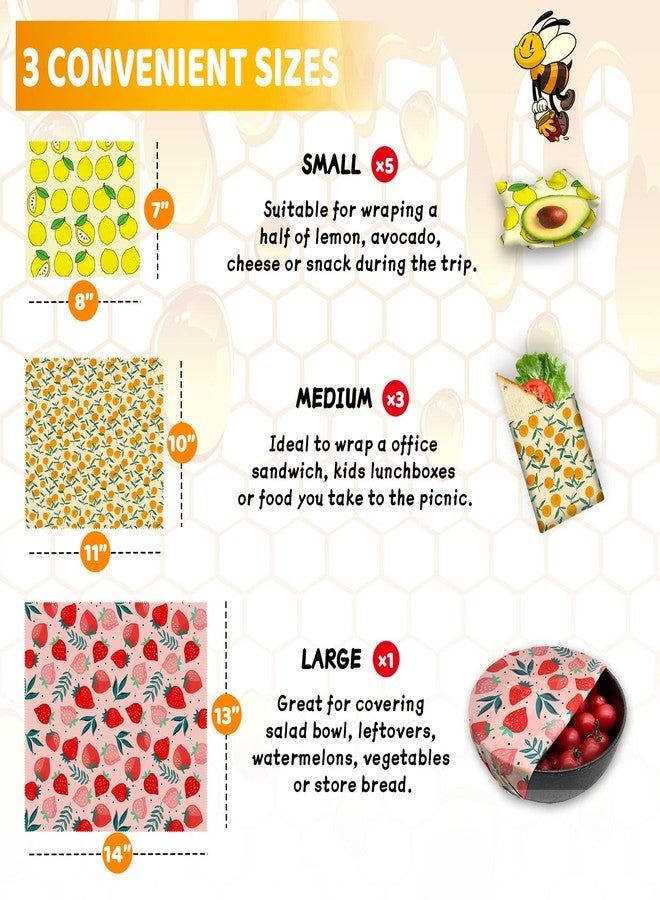 PICcircuit Reusable Beeswax Wrap - 9 Pack Eco-Friendly Beeswax Wraps For Food, Organic, Sustainable, Biodegradable, Zero Waste, Plastic-Free Food Storage, 1L Strawberry, 3M Orange, 5S Lemon Patterns - Image 3