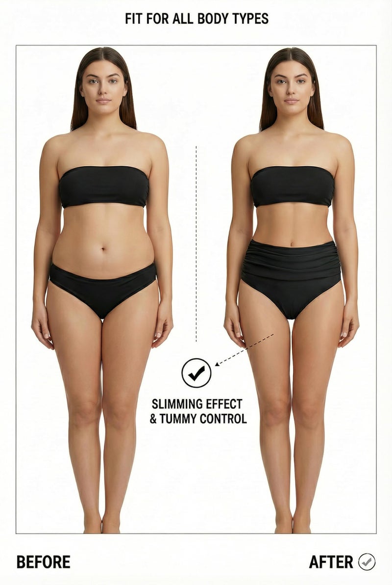 Tempt Me Women's Black High Waisted Bikini Bottom Tummy Control Ruched Bathing Suit Swim Bottom L - Image 2