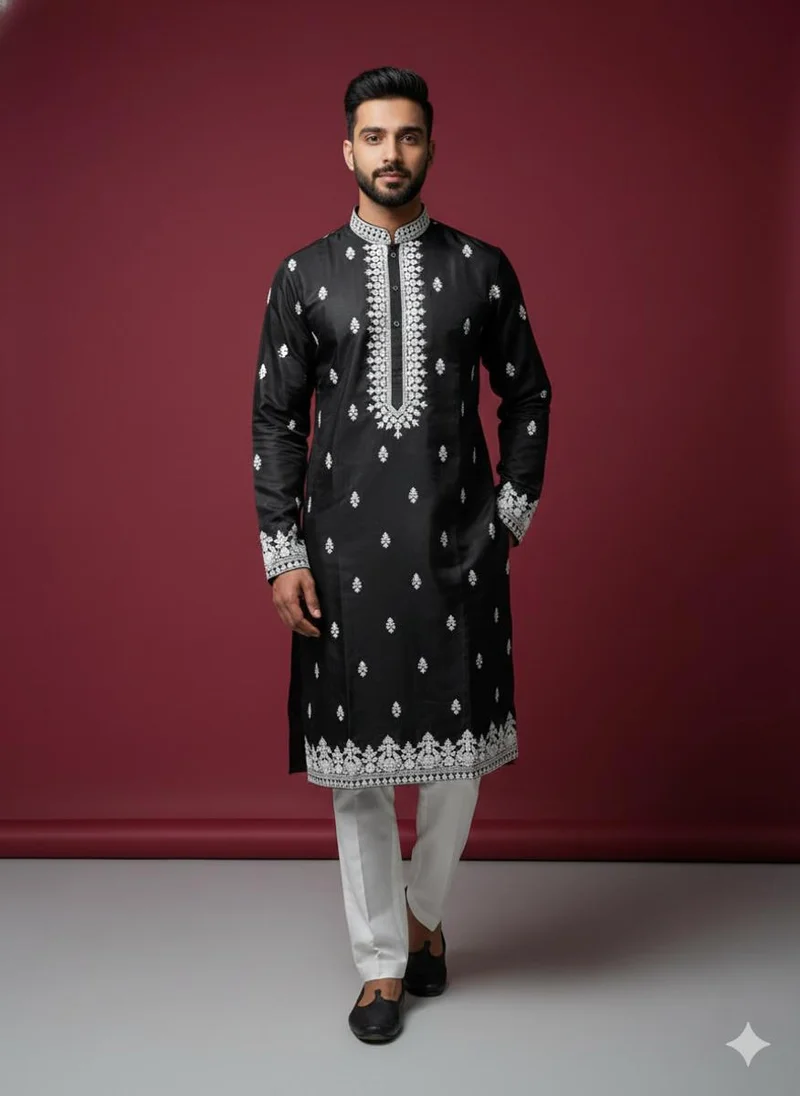 Lehar Black with White Embroidery Cotton Kurta Set