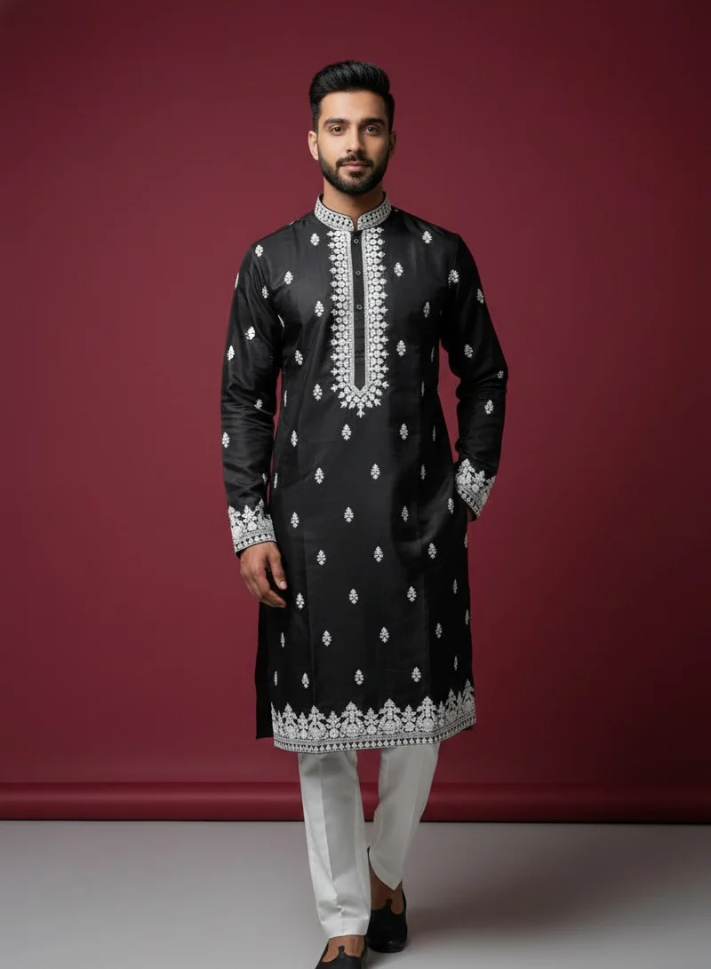 Lehar Black with White Embroidery Cotton Kurta Set