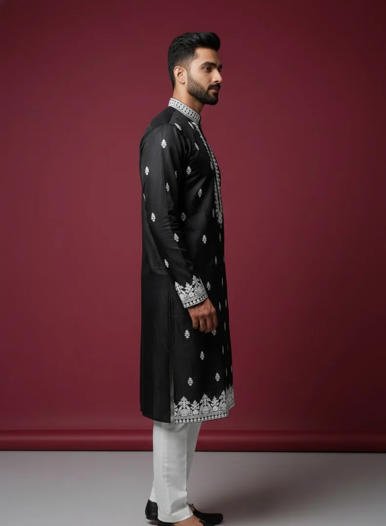 Lehar Black with White Embroidery Cotton Kurta Set