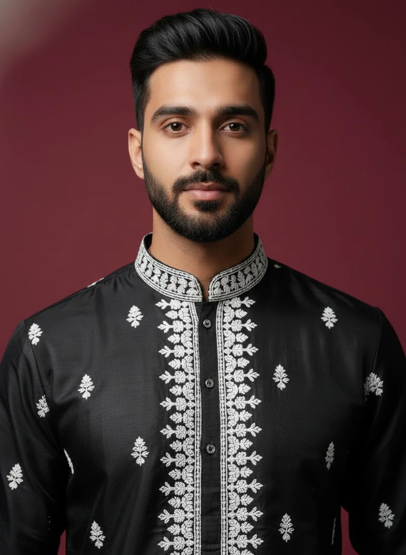 Lehar  Black with White Embroidery Cotton Kurta Set for Men | Best Price UAE