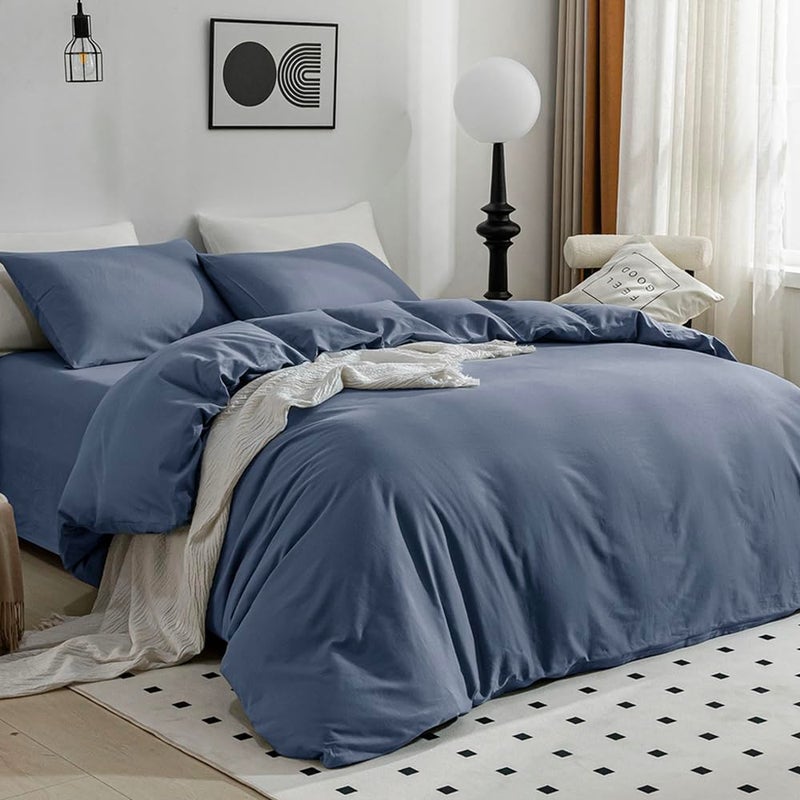 JELLYMONI Bedding Duvet Cover Queen Size - 100% Washed Cotton Linen Like Textured Comforter Cover, 3 Pieces Breathable Soft Bedding Set with Zipper Closure (Blue, Queen 90"x90") - Image 2