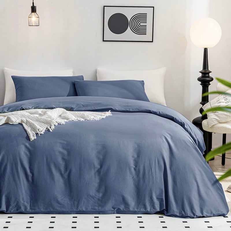 JELLYMONI Bedding Duvet Cover Queen Size - 100% Washed Cotton Linen Like Textured Comforter Cover, 3 Pieces Breathable Soft Bedding Set with Zipper Closure (Blue, Queen 90"x90") - Image 1