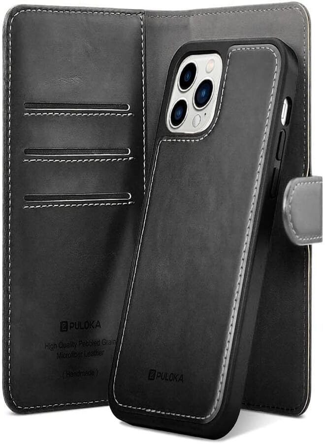 PULOKA PULOKA for iPhone 13 Pro Max Leather Flip Cover Detachable Leather Wallet Case Compatiable for Apple iPhone 13 Pro Max - Black