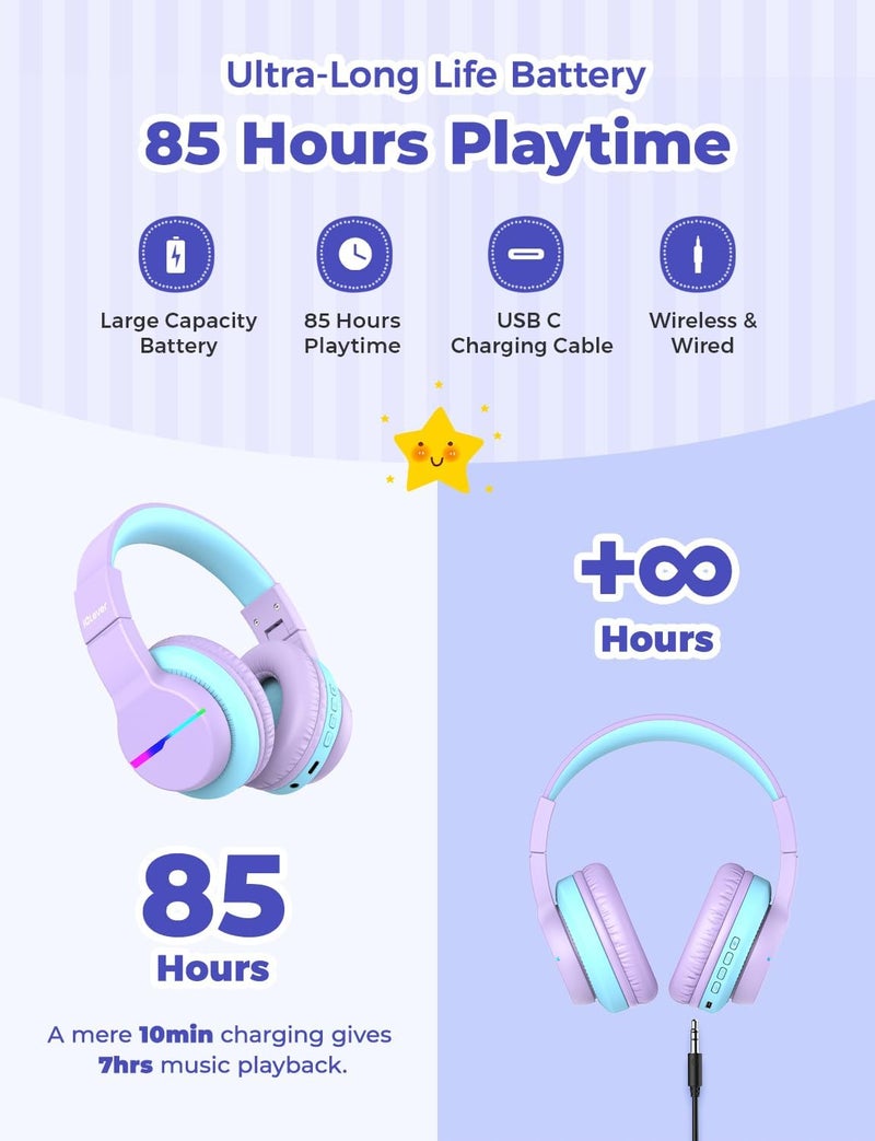 iClever Bluetooth Kids Headphones, BTH12 Colorful LED Lights Kids Wireless Headphones Over Ear with 74/85/94dB Volume Limited, 55H Playtime, Bluetooth 5.2, Built-in Mic for School/Tablet/PC - Image 4