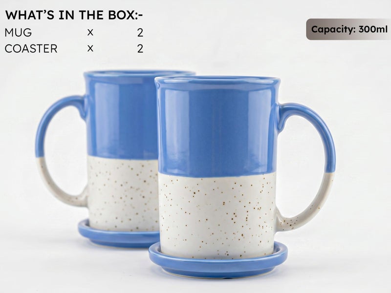 Bodhi House Ceramic Hand Glazed Tea and Coffee Mug with Coaster - 300ml | Set of 2 | Microwave & Dishwasher Safe | for Home Office - Blue - Image 3