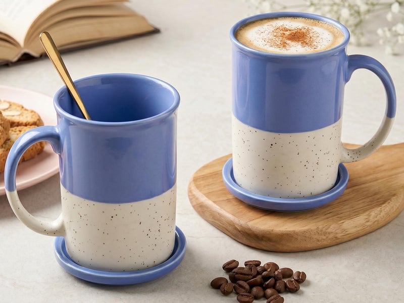 Bodhi House Ceramic Hand Glazed Tea and Coffee Mug with Coaster - 300ml | Set of 2 | Microwave & Dishwasher Safe | for Home Office - Blue - Image 1