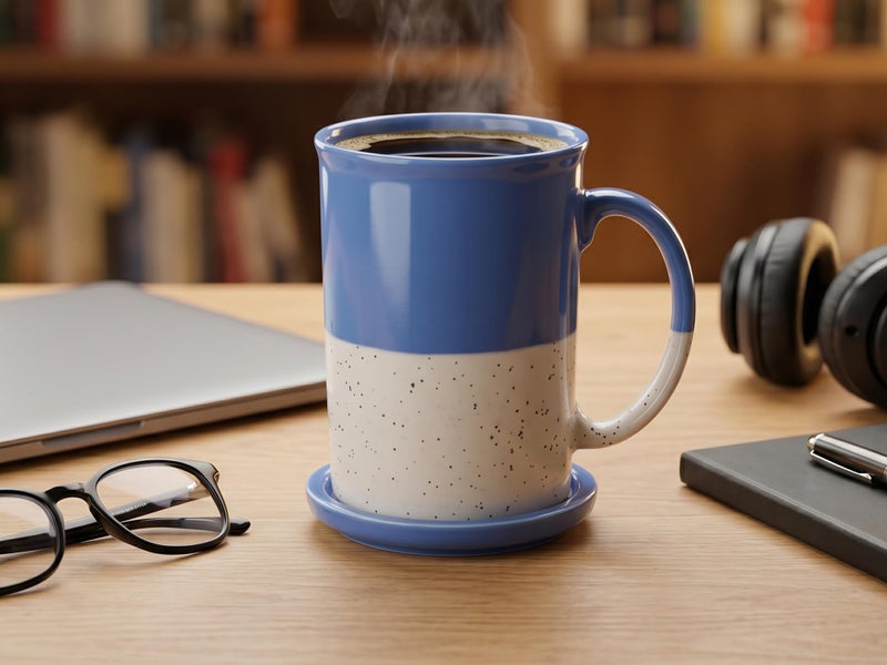 Bodhi House Ceramic Hand Glazed Tea and Coffee Mug with Coaster - 300ml | Set of 2 | Microwave & Dishwasher Safe | for Home Office - Blue - Image 2