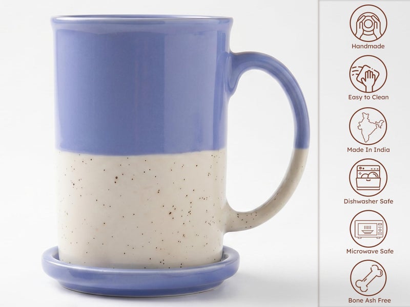 Bodhi House Ceramic Hand Glazed Tea and Coffee Mug with Coaster - 300ml | Set of 2 | Microwave & Dishwasher Safe | for Home Office - Blue - Image 5