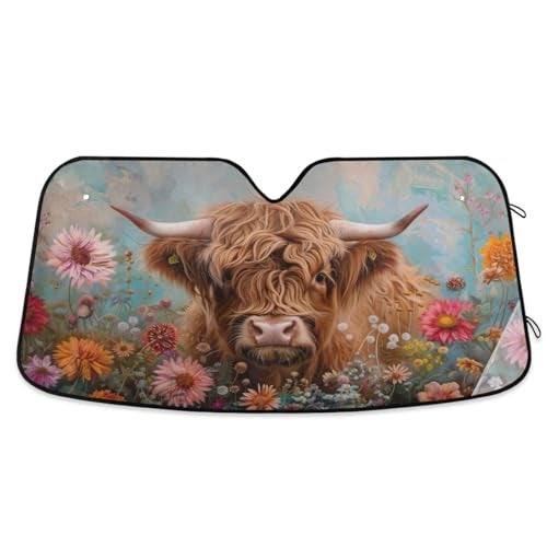 Oarencol Highland Cows Florals Car Windshield Sun Shade Foldable UV Ray Sun Visor Protector Sunshade to Keep Your Vehicle Cool (57" x 31.5") - Image 1