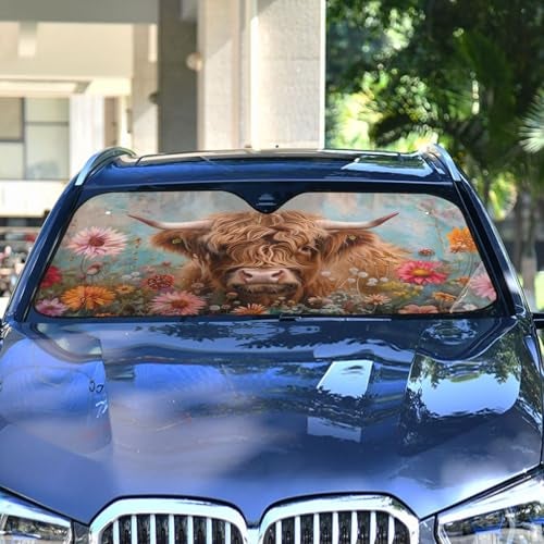Oarencol Highland Cows Florals Car Windshield Sun Shade Foldable UV Ray Sun Visor Protector Sunshade to Keep Your Vehicle Cool (57" x 31.5") - Image 2