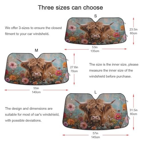 Oarencol Highland Cows Florals Car Windshield Sun Shade Foldable UV Ray Sun Visor Protector Sunshade to Keep Your Vehicle Cool (57" x 31.5") - Image 4
