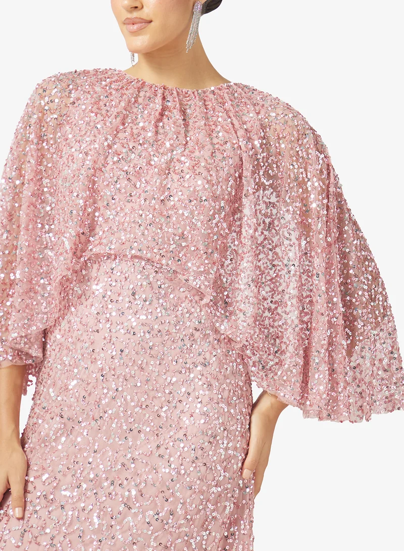 Maya SOFT PINK Sequin Cape Sleeve Maxi Dress for Women | Best Price UAE