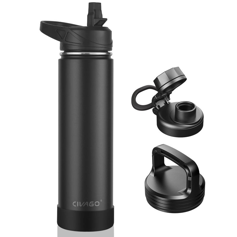 CIVAGO 24 oz Insulated Water Bottle With Straw Stainless Steel Sports Water Flask Cup with 3 Lids Straw Spout and Handle Lid Double Walled Travel Thermal Canteen Mug Black