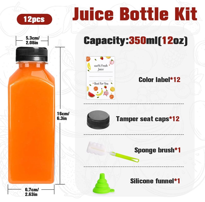 ztarraum 12pcs 12oz Plastic Juice Bottles, Reusable Juice Containers with Black Tamper Proof Lids, Brush, Funnel and Labels, Clear Juice Containers for Juicing, Smoothie and Homemade Beverages - Image 2