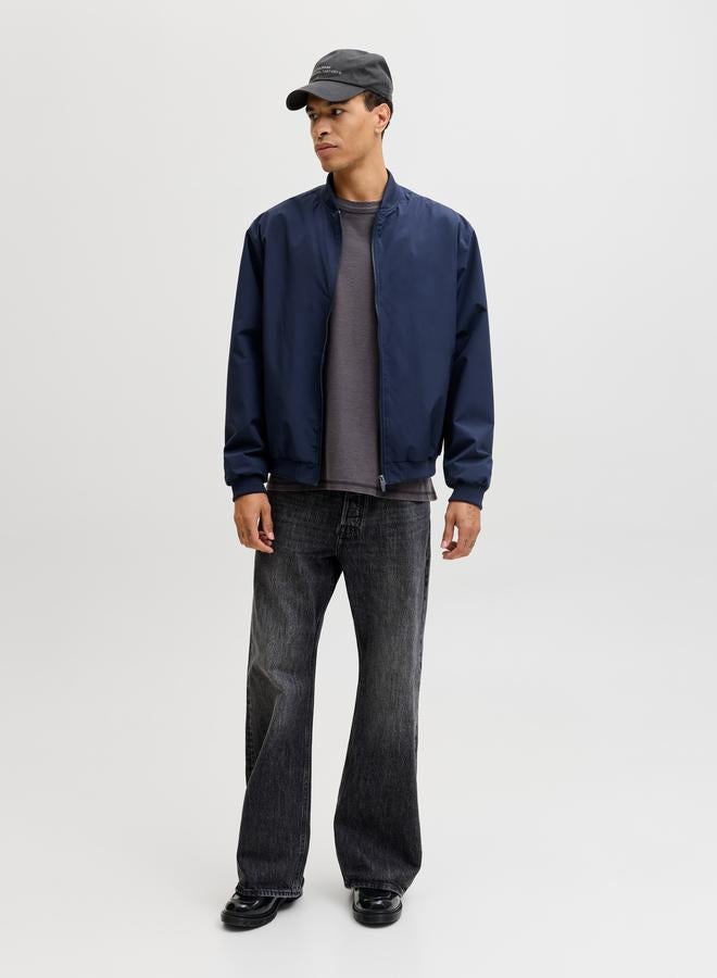 JACK & JONES Navy Blue Solid Zip-Up Bomber Jacket - Image 2